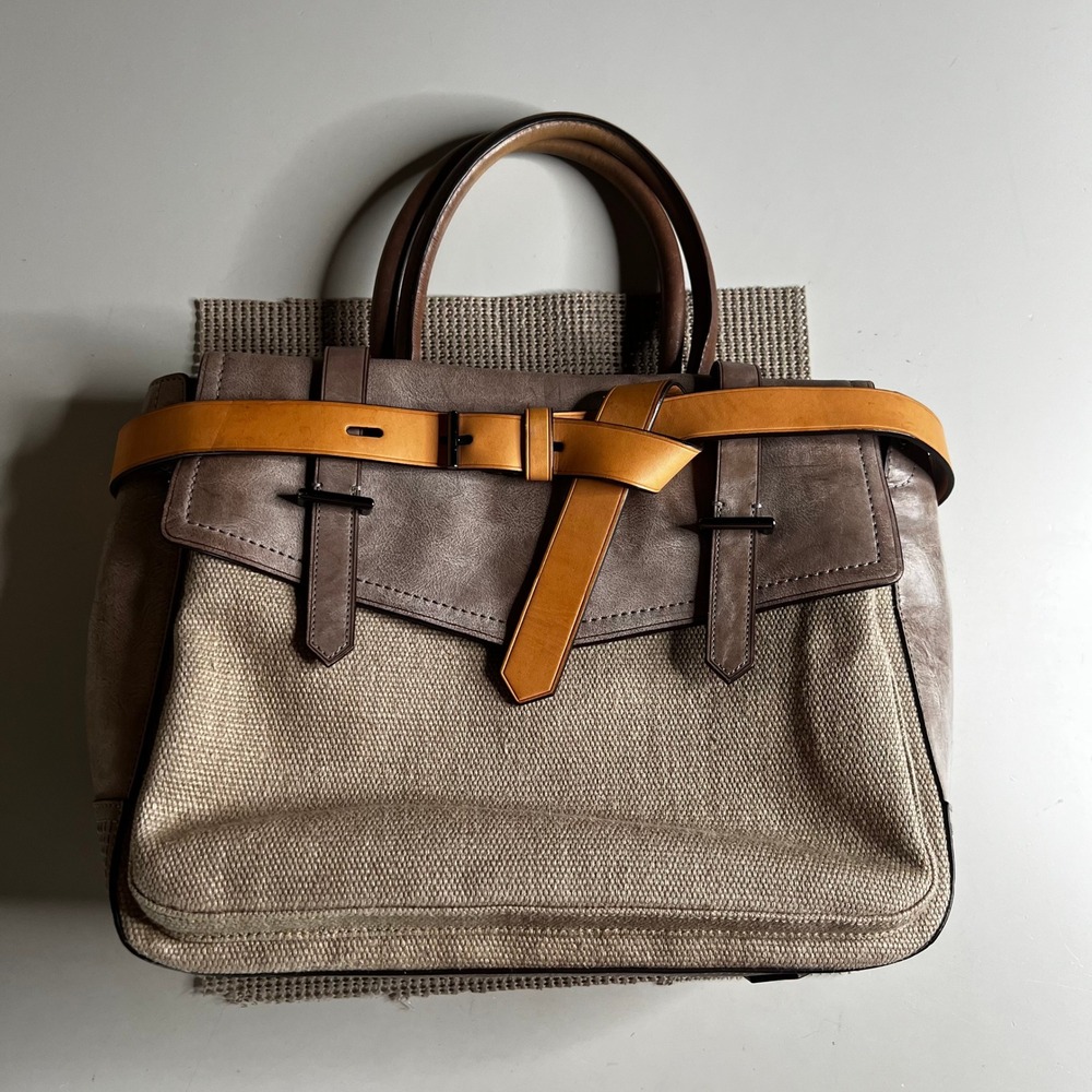 Reed Krakoff Boxer Tote Bag Canvas Leather Taupe Tan Belted Satchel Handbag